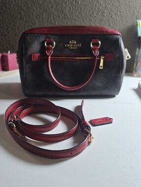 Coach Brown Monogram Crossbody with Red Trim